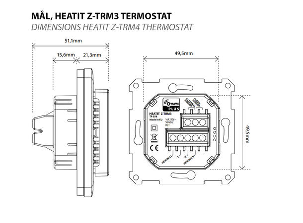Heatit Z-TRM3  Hvit Z-Wave termostat  3600W  16A  868,4 MHz